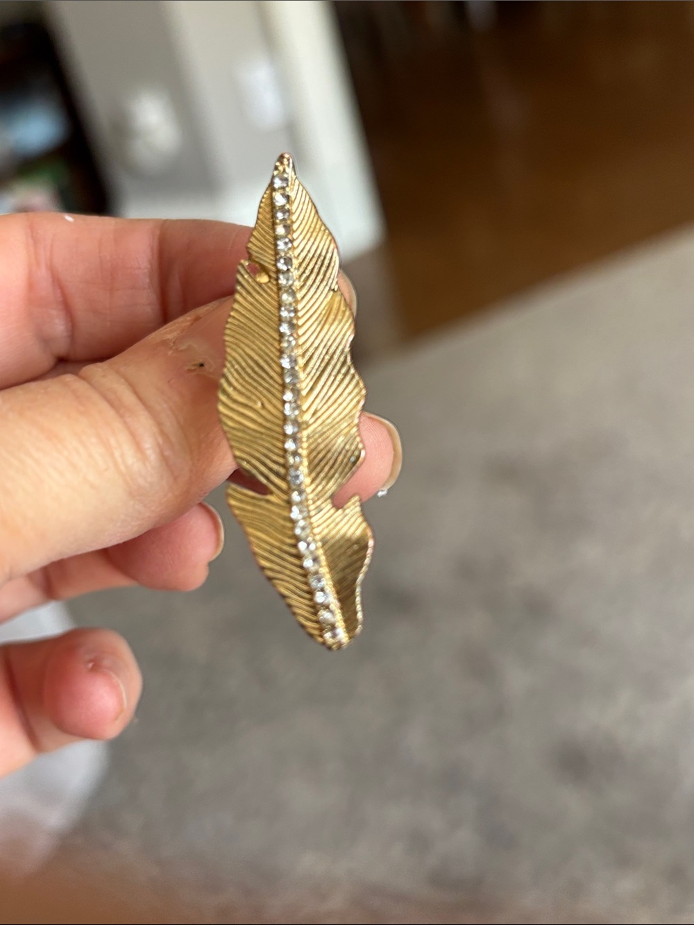 Gold Feather Bar Ring with Row of Clear Stones